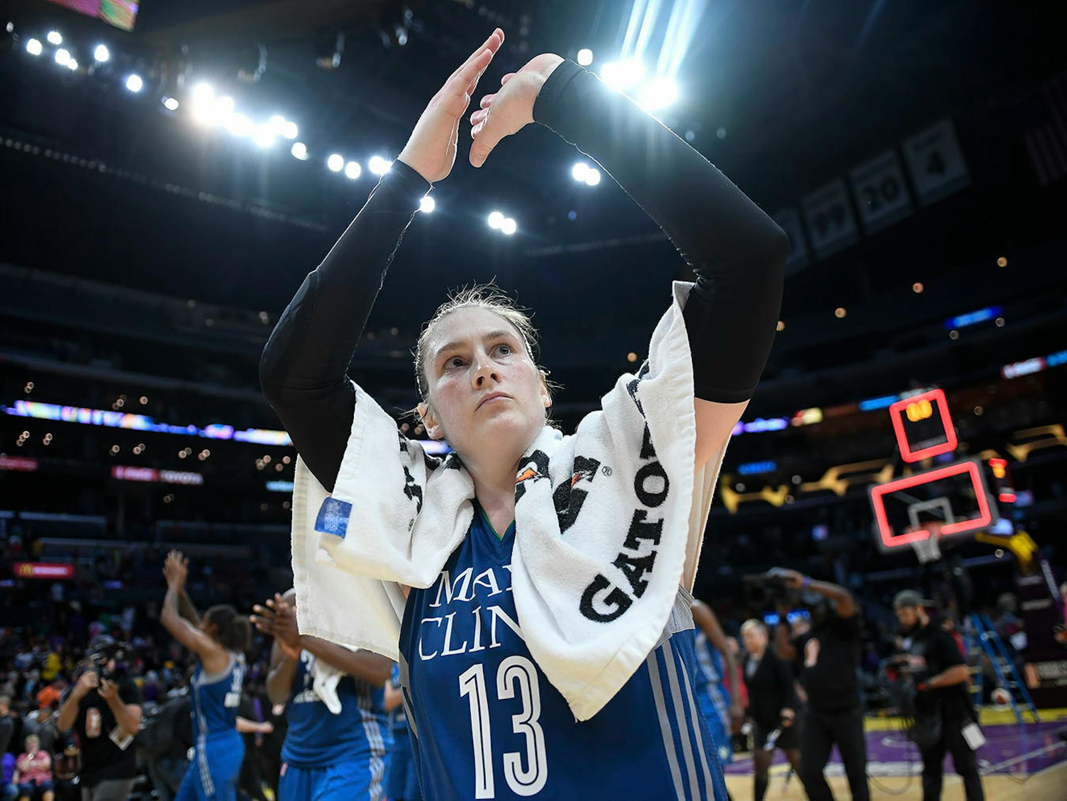 Minnesota Lynx guard Lindsay Whalen (13) celebrated her team's 80-69 victory over the Los Angeles Sparks, forcing a game five in the WNBA Finals.