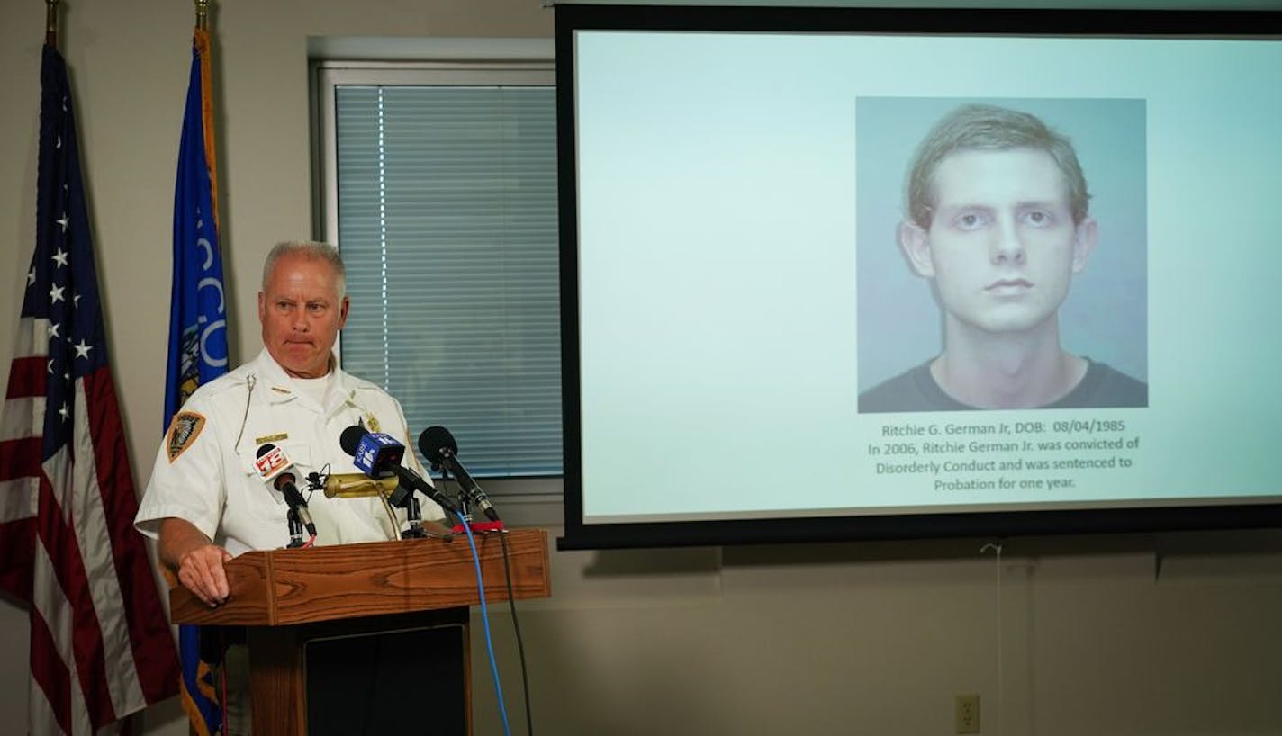 Chippewa County Sheriff James Kowalczyk and held a press conference with further information that Ritchie German Jr. fatally shot his 66-year-old mother, Bridget German, 32-year-old brother, Douglas German, and his brother's 8-year-old son, Calvin Harris, at their Lafayette town house and then went to a home in nearby Lake Hallie and killed a 24-year-old woman and wounded her parents.