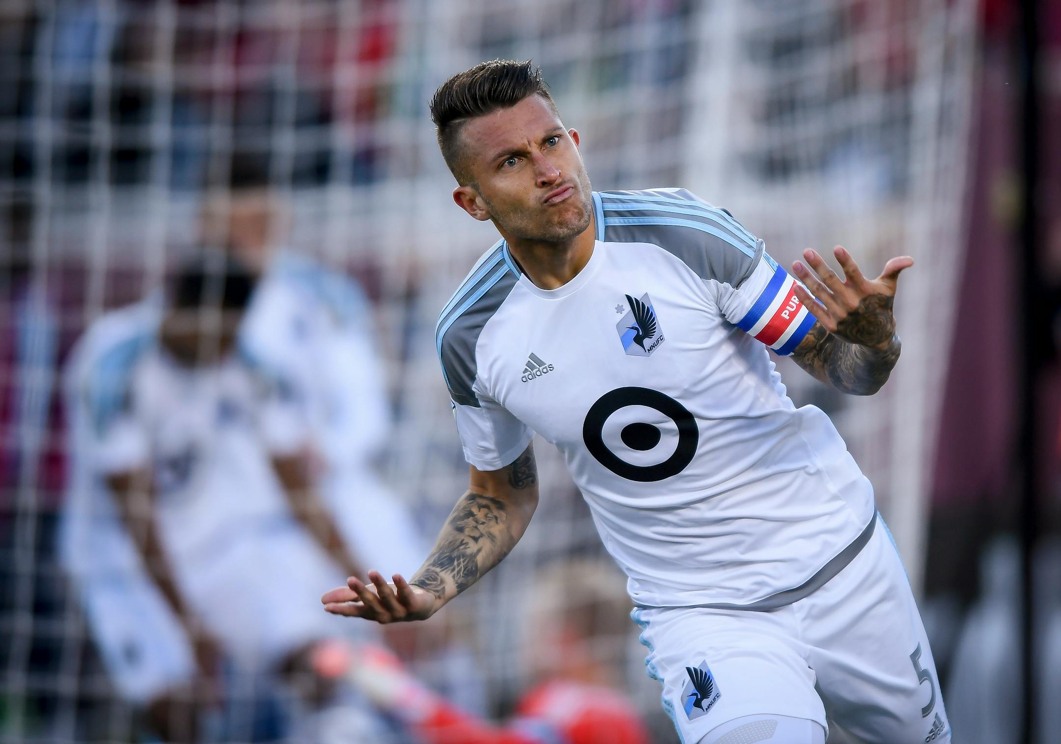 Minnesota United defender Francisco Calvo celebrates his goal gainst the Vancouver Whitecaps early in the second half of an MLS soccer match Saturday, June 24, 2017, in Minneapolis. (Aaron Lavinsky/Star Tribune via AP)