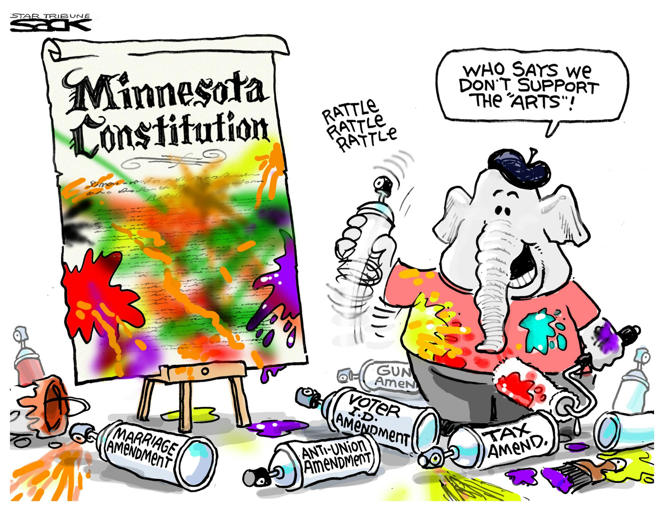 Steve Sack editorial cartoon for Jan. 29, 2012. Topic: Minnesota GOP's push for various constitutional amendments.