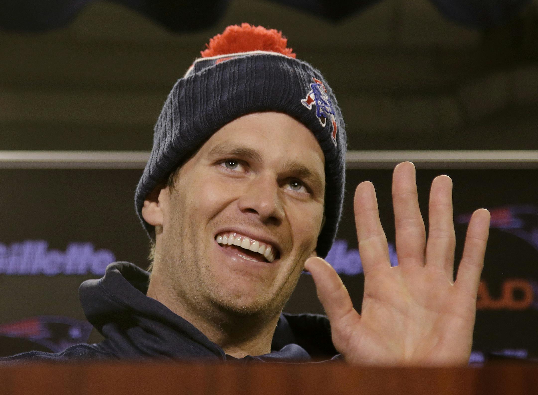 FILE - In this Wednesday, Dec. 16, 2015, file photo, New England Patriots quarterback Tom Brady smiles and waves goodbye to the media after being asked by a reporter about his supposed friendship with Republican presidential hopeful Donald Trump at the NFL football team's facility, in Foxborough, Mass. A Maine 8-year-old battling leukemia got her Christmas wish to meet Brady. The Lewiston Sun Journal reports that Hailey Steward of Bethel, Maine, received a video invitation from Brady on Christma