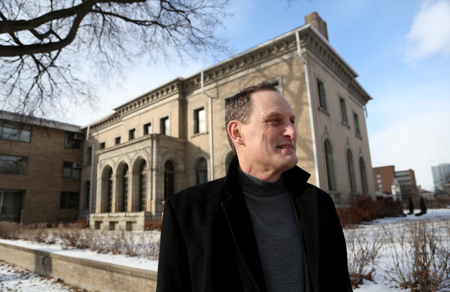 David Vennes, executive director of Nuway, stood in front of the Pillsbury mansion where they hope to convert it into housing for people in recovery. ] (KYNDELL HARKNESS/STAR TRIBUNE) kyndell.harkness@startribune.com At the Pillsbury Mansion in Minneapolis, Min., Tuesday, February 17, 2015.