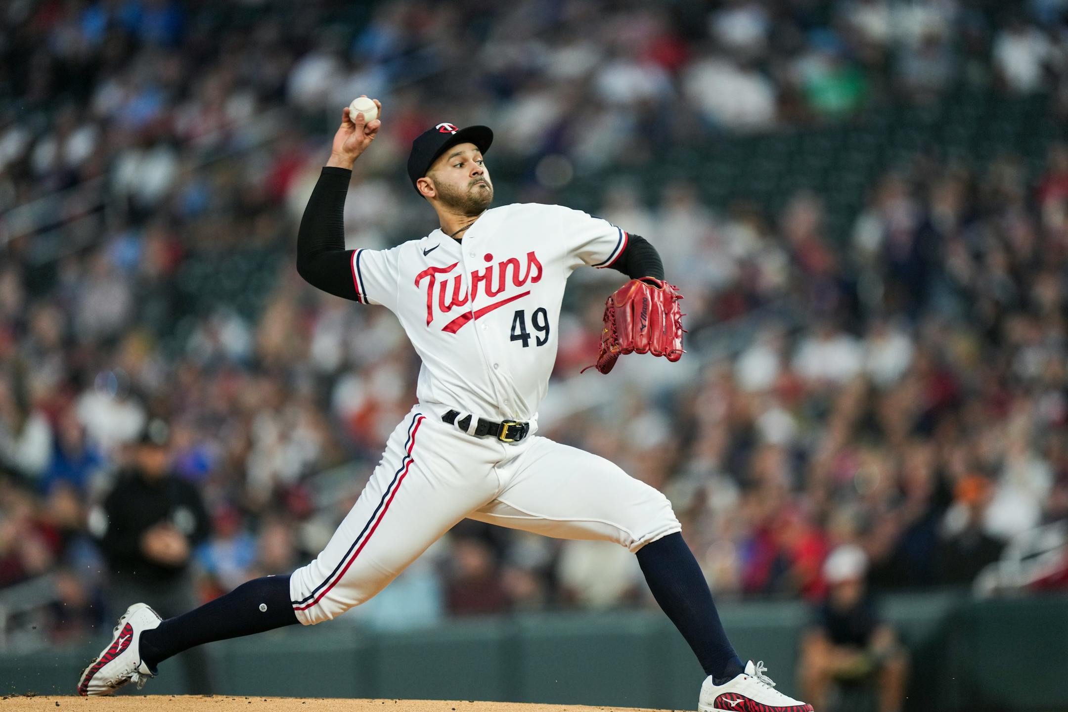 Minnesota Twins starting pitcher Pablo Lopez (49) pitches in the first inning. The Minnesota Twins hosted the Los Angeles Angels at Target Field on Friday, Sept. 22, 2023 in Minneapolis, Minn. ] RENEE JONES SCHNEIDER • renee.jones@startribune.com