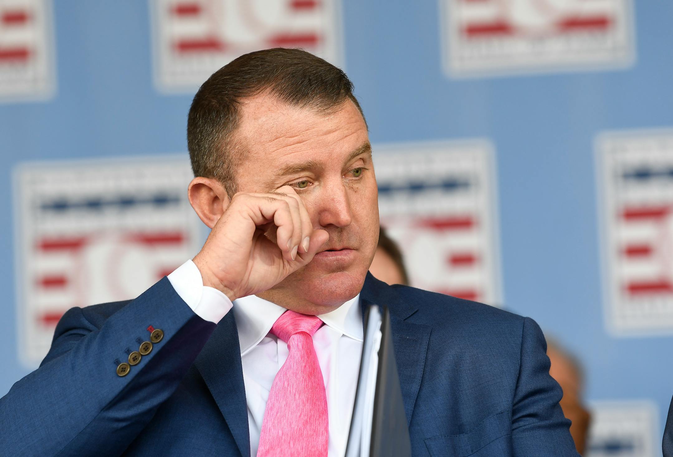 Jim Thome teared up as his daughter, Lila, sang the national anthem during the National Baseball Hall of Fame induction ceremony in Cooperstown, N.Y., on Sunday.