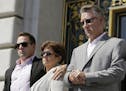 File - In this Sept. 1, 2015 file photo, from left, Brad Steinle, Liz Sullivan and Jim Steinle, the brother, mother and father of Kate Steinle who was