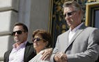File - In this Sept. 1, 2015 file photo, from left, Brad Steinle, Liz Sullivan and Jim Steinle, the brother, mother and father of Kate Steinle who was