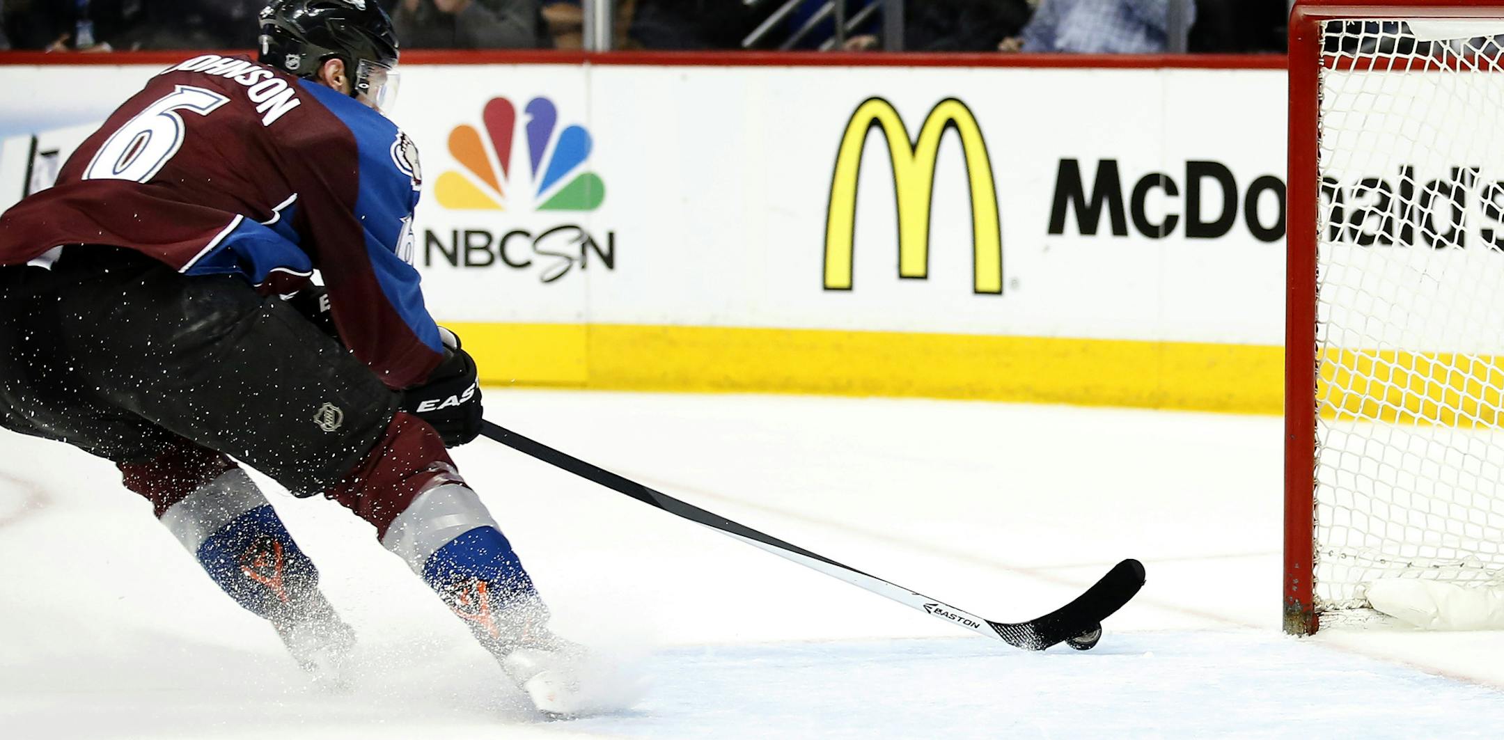 Erik Johnson (6) saved the puck from going into an empty net late in the third period. Colorado beat Minnesota by a final score of 5-4 in overtime. ] CARLOS GONZALEZ cgonzalez@startribune.com - April 17, 2014, Denver, Colorado, Pepsi Center, NHL, Minnesota Wild vs. Colorado Avalanche, Stanley Cup Playoffs round 1, Game 1
