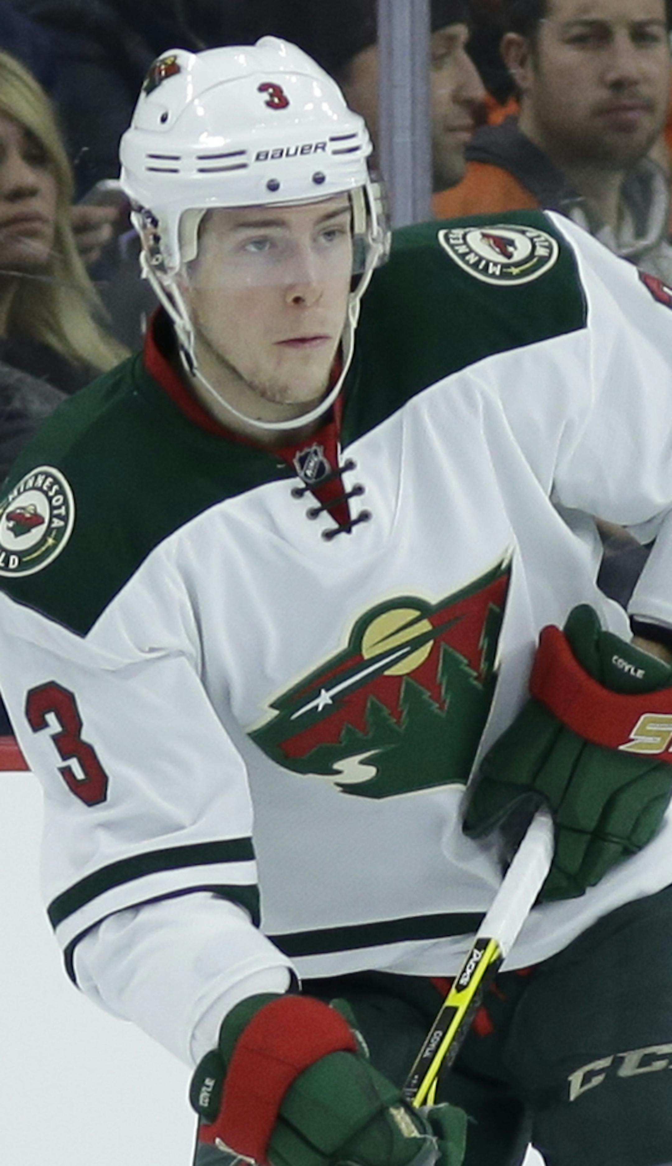 Minnesota Wild's Charlie Coyle in action during an NHL hockey game against the Philadelphia Flyers, Thursday, Nov. 20, 2014, in Philadelphia. (AP Photo/Matt Slocum) ORG XMIT: MIN2014112717514616