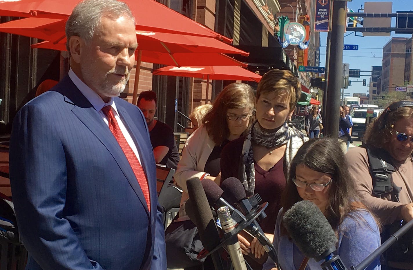 Attorney William Mauzy answers questions from the media as he arrives at his Minneapolis office Wednesday, May 4, 2016. A published report says Prince's representatives arranged for the musician to meet a California doctor to help him kick an addiction to painkillers shortly before his death. Mauzy represents California Dr. Howard Kornfeld who couldn't immediately meet Prince so he sent his son Andrew to discuss treatment. The pop rock singer died on April 21 at the age of 57. (AP Photo/ Jeff Ba