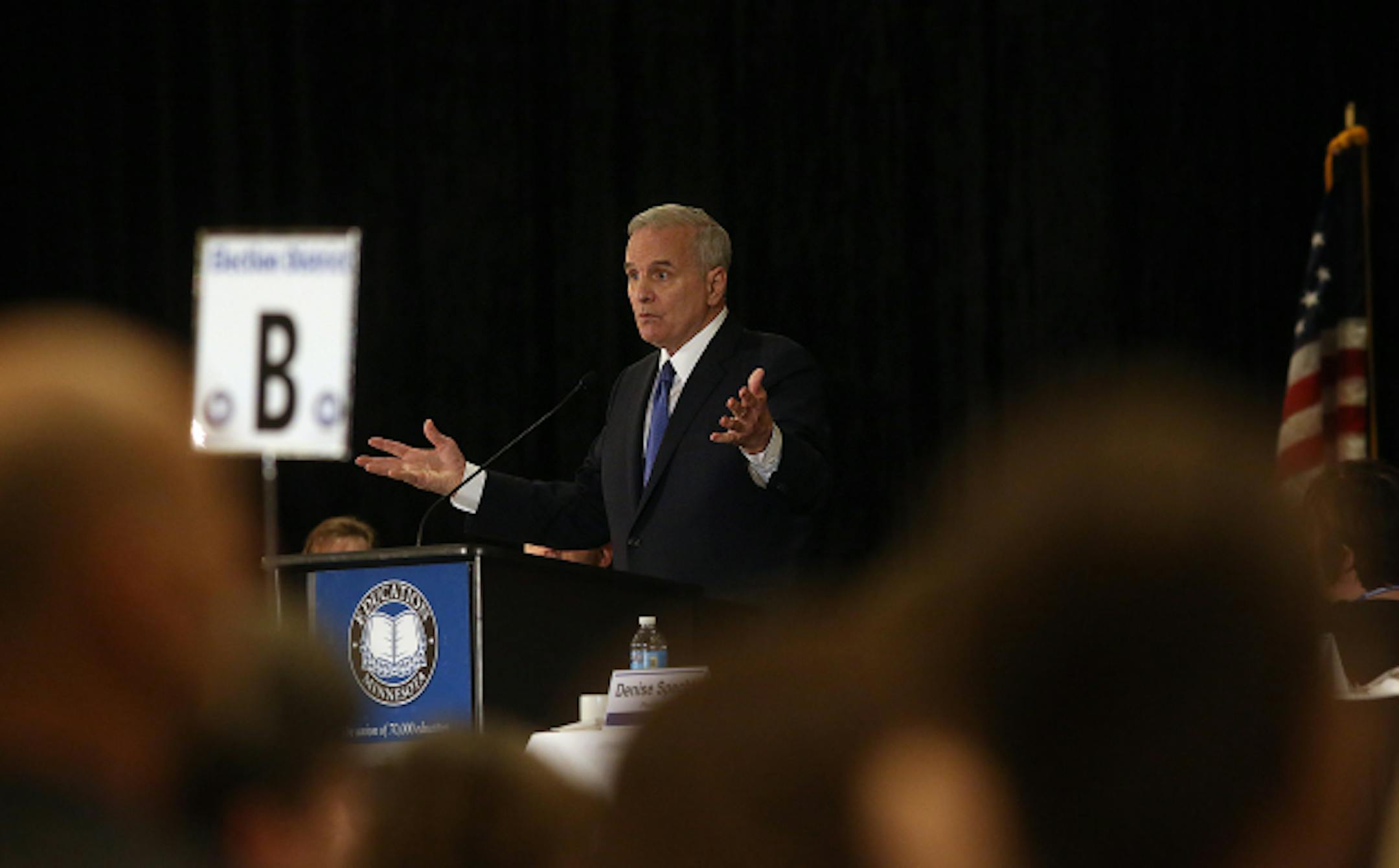 Gov. Mark Dayton addressed members of Education Minnesota at their annual convention in downtown Minneapolis. ] JIM GEHRZ ' james.gehrz@startribune.com / Minneapolis, MN / April 18, 2015 / 2:30 PM ' BACKGROUND INFORMATION: Education Minnesota is a potent political force at the Capitol. The union counts on 70,000 dues-paying educators that help finance its political activity in the state, including efforts to spend more on education, particularly by expanding access to early childhood education. It also has vehemently opposed reform efforts, including diminishing the role of seniority during layoffs. Its critics, including former Gov. Tim Pawlenty, contend that the union's efforts to block reform hurt students and have been one reason for the state's glaring achievement gaps. Union supporters say efforts to diminish seniority are part of broader attacks on collective bargaining and union power. They argue that teachers are unfairly criticized and that the state should instead fully fund schools so layoffs don't happen in the future. Story has art of teachers in the Capitol lobbying.