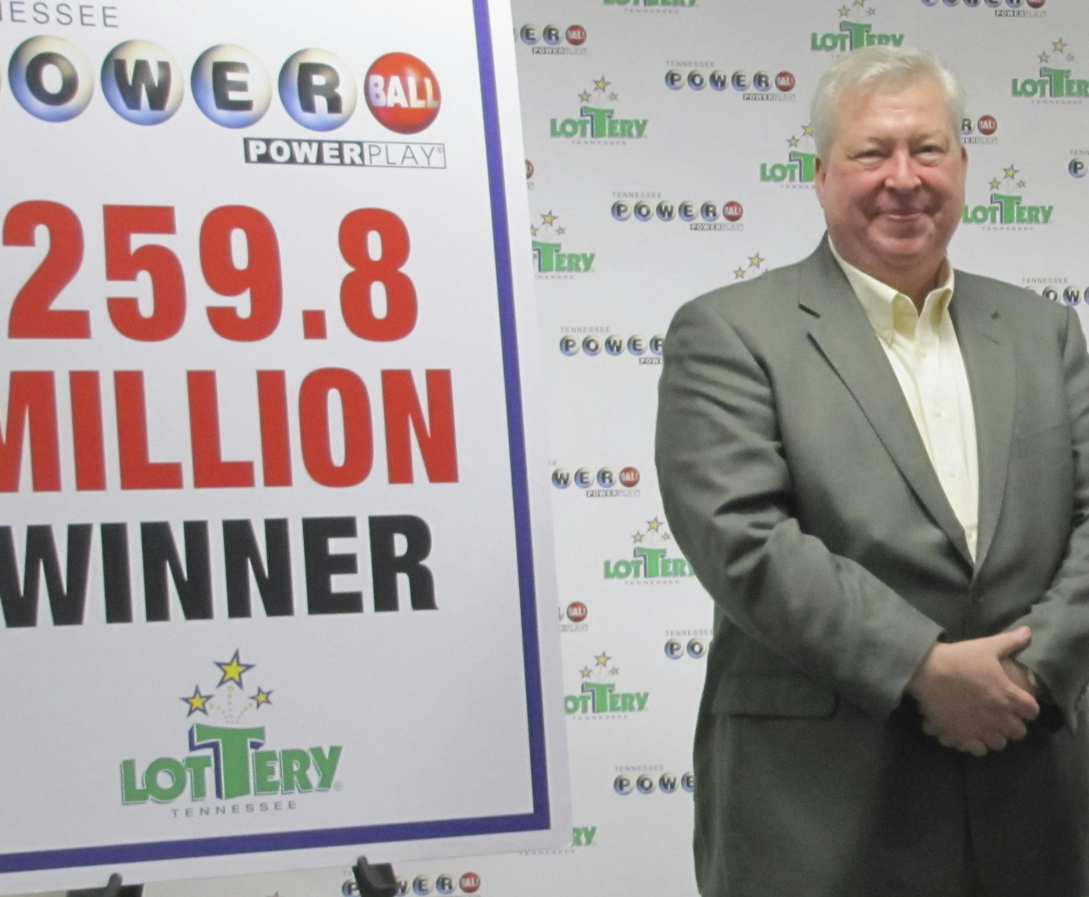 In an undated handout photo, Roy Cockrum claims his Powerball prize in Nashville, Tenn. Cockrum, an actor and stage manager turned Episcopal monk who pledged to give away much of his $153 million Powerball jackpot to support the performing arts, has made his first grant ó to a theatrical production as improbable as his own story. (Tennessee Lottery via The New York Times) -- NO SALES; FOR EDITORIAL USE ONLY WITH STORY SLUGGED THEATER JACKPOT GRANT BY JENNIFER SCHUESSLER. ALL OTHER USE PROHI