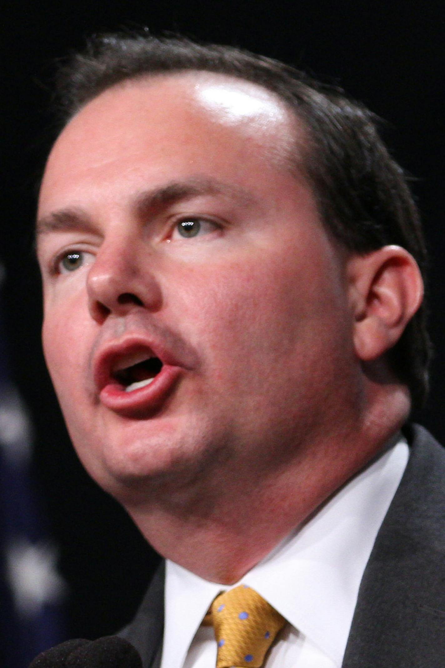 Sen. Mike Lee (R-Utah) speaks during the Iowa Faith and Freedom Coalition's Friends of the Family Banquet in Des Moines Iowa Saturday Nov. 9, 2013 (AP Photo by Justin Hayworth) ORG XMIT: MIN2013122218092969