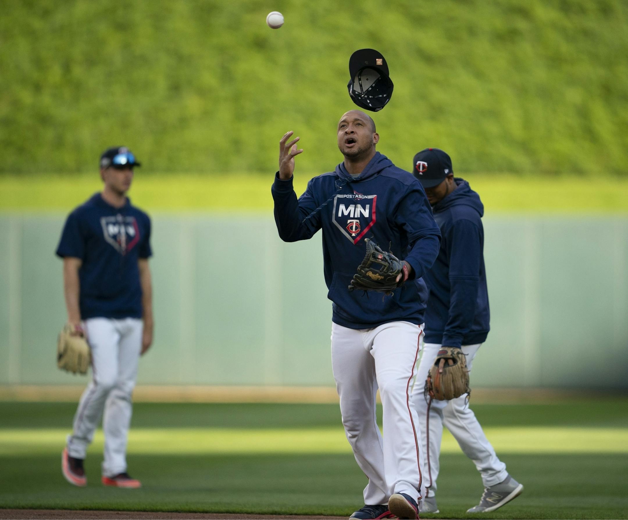 Minnesota Twins second baseman Jonathan Schoop's cap was flipped off his head by the ball he had fielded during infield warmups before Monday night's game.