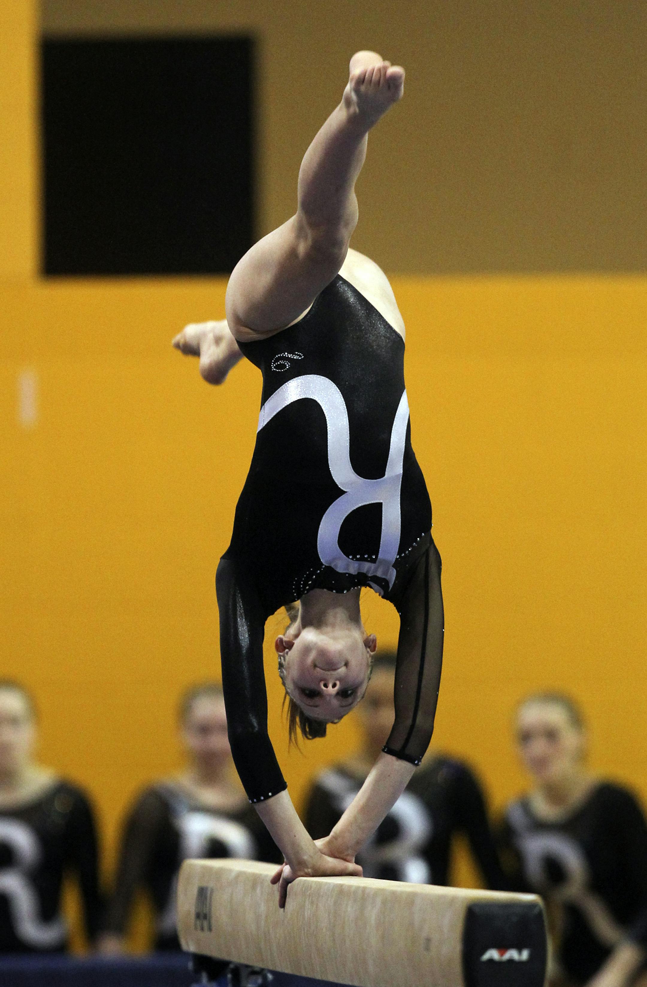 Roseville High's Jessica Strecker competes in the balance beam during the Minnesota State High School state girls 2A team championshipsFriday, Feb. 22, 2013, at the U of M Sports Pavilion in Minneapolis, MN.] (DAVID JOLES/STARTRIBUNE) djoles@startribune.com The Minnesota State High School state girls 2A team championships Friday, Feb. 22, 2013, at the U of M Sports Pavilion in Minneapolis, MN.**Kaylee Strecker,cq