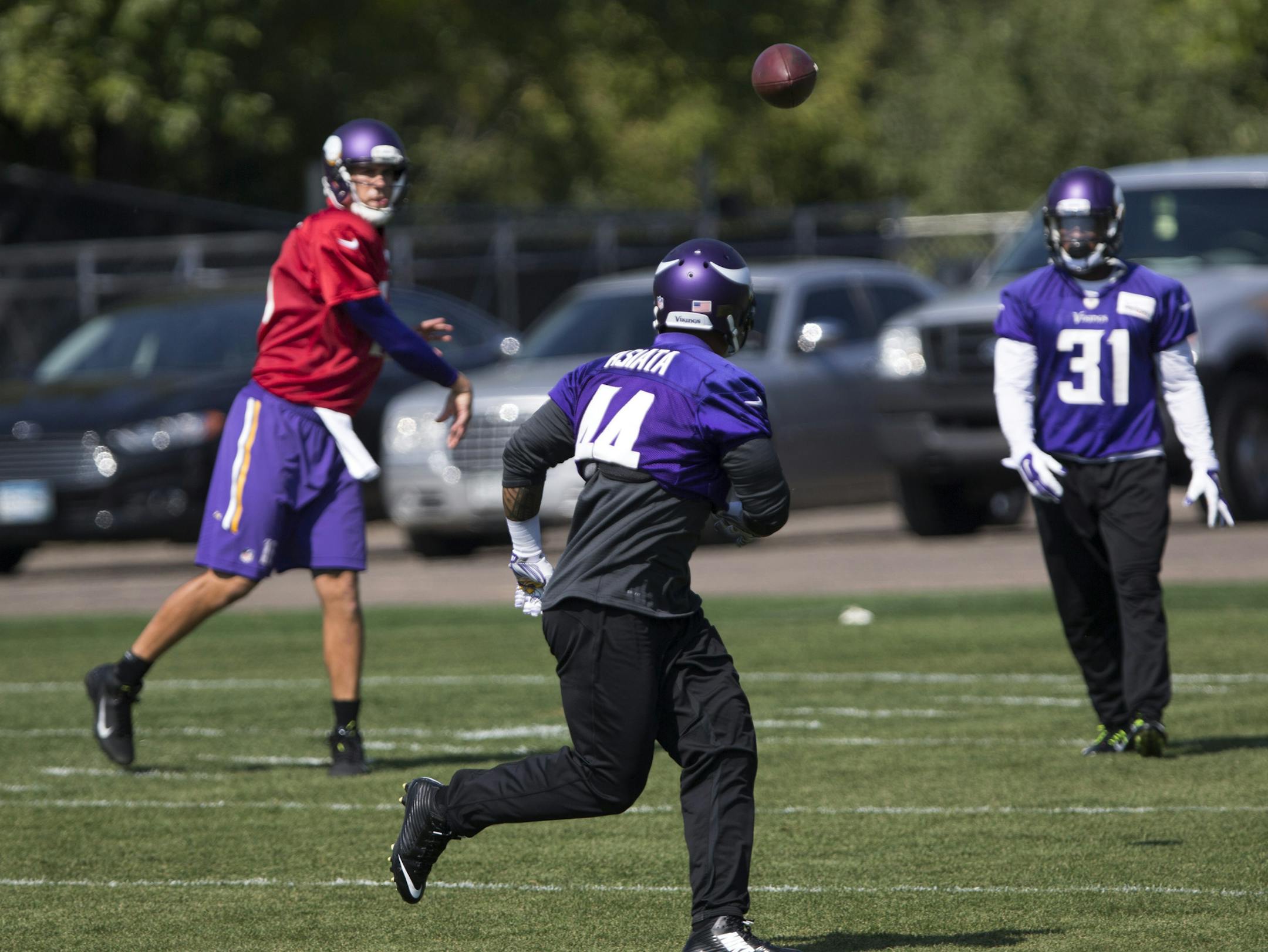 Minnesota Vikings quarterback Matt Cassel works out with runningbacks Matt Asiata, Jerick McKinnon and Joe Banyard during practice Thursday afternoon. ] BRIAN PETERSON ‚Ä¢ brianmpete@comcast.net Eden Prairie, MN 09/18/14