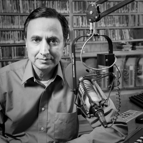 Mukhtar Thakur in the radio studio at KFAI in Minneapolis. Photo in a series for IRG entitled The Muslim Experience in Minnesota