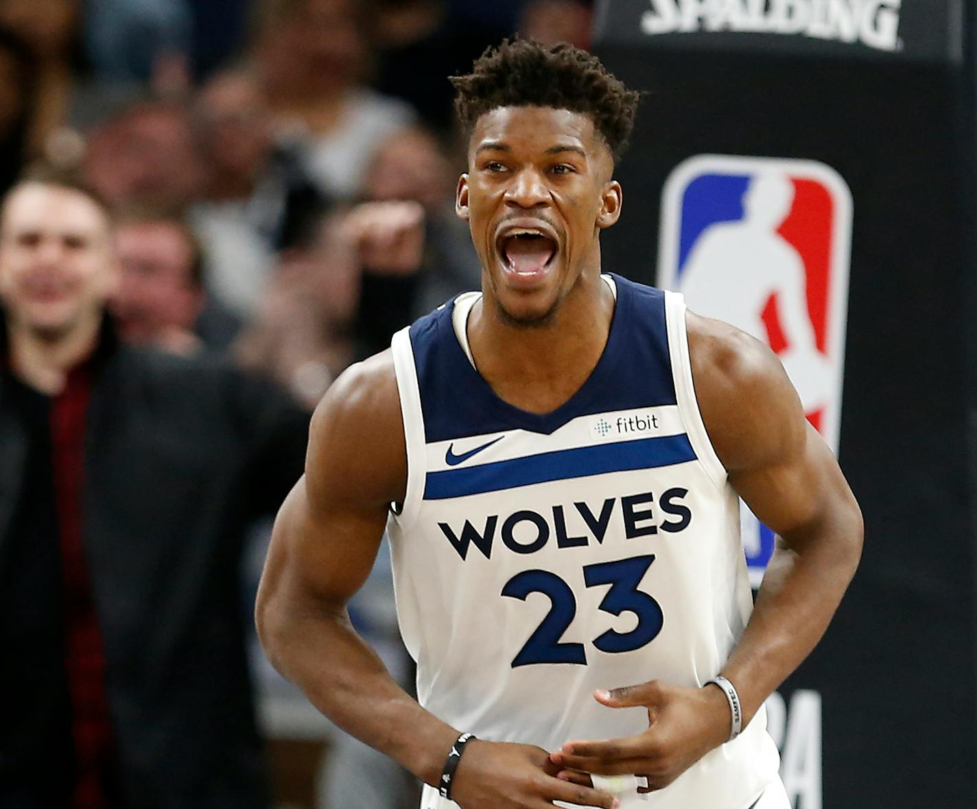 Minnesota Timberwolves guard Jimmy Butler (23) reacts after he dunked the ball during the second half. ] LEILA NAVIDI ï leila.navidi@startribune.com BACKGROUND INFORMATION: Minnesota Timberwolves against the Los Angeles Lakers at Target Center in Minneapolis on Thursday, February 15, 2018. The Minnesota Timberwolves won 119-111. ORG XMIT: MIN1802152259041086