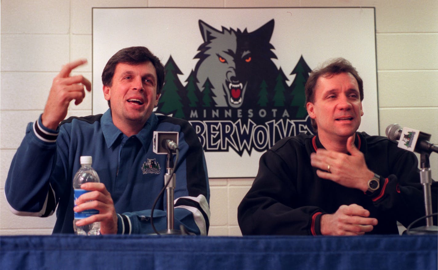 Coach Flip Saunders and Gen. Mgr. Kevin McHale hold a press conference about the new collective bargaining agreement. -- (Left to right) Minnesota Timberwolves General Manager Kevin McHale and Coach Flip Saunders hold a press conference at Target Center to talk about the new six-year collective bargaining agreement between the league and the NBA which sets the stage for the 1998-99 season.