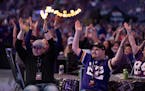 Fans do the Skol chant at the Vikings' draft party for the first round at U.S. Bank Stadium on Thursday night, when the team made two picks.