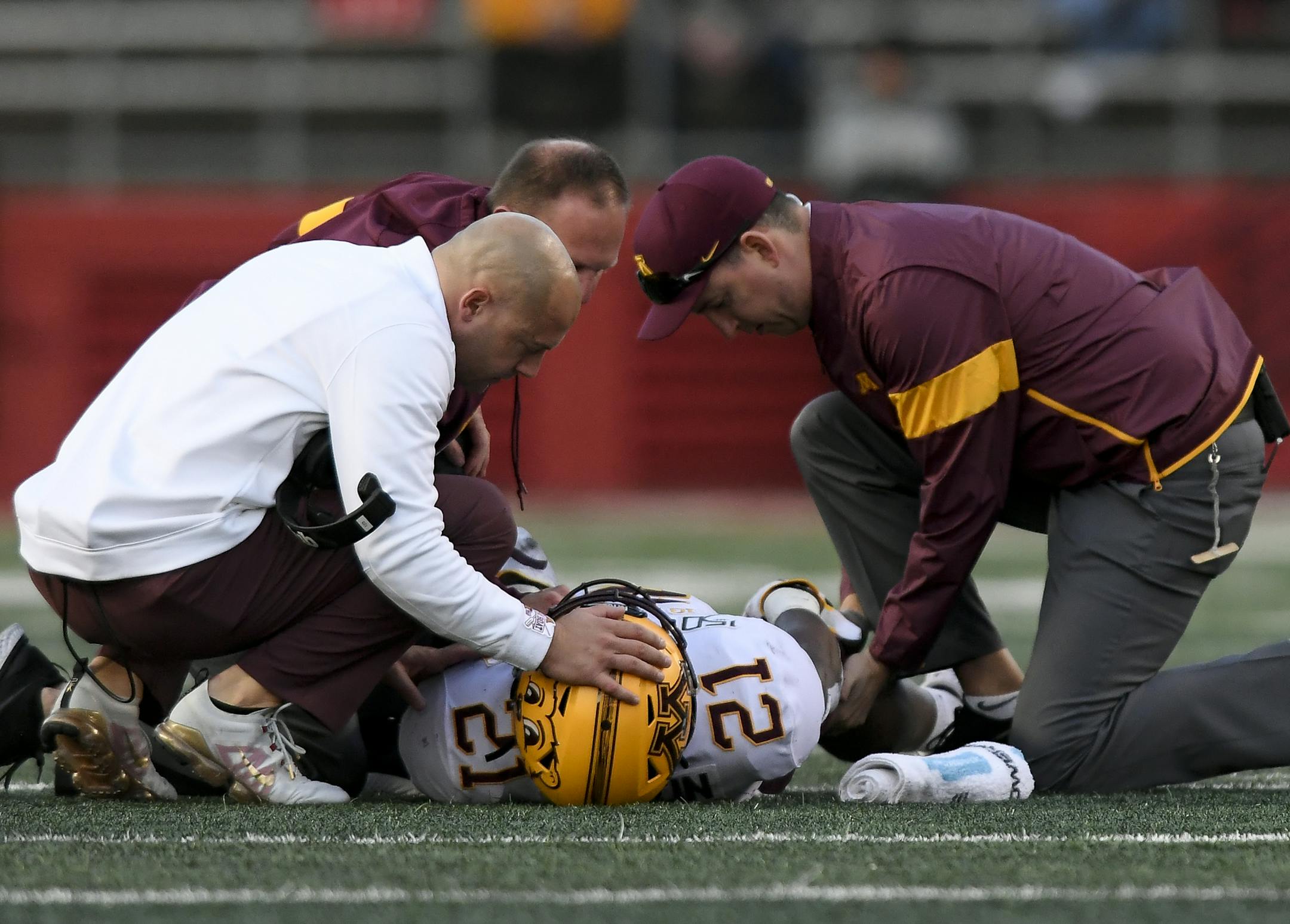 Gophers head coach P.J. Fleck visited linebacker Kamal Martin (21) as he laid injured on the field in the third quarter. ] Aaron Lavinsky • aaron.lavinsky@startribune.com The Gophers played Rutgers on Saturday, Oct. 19, 2019 at SHI Stadium in Piscataway, N.J..