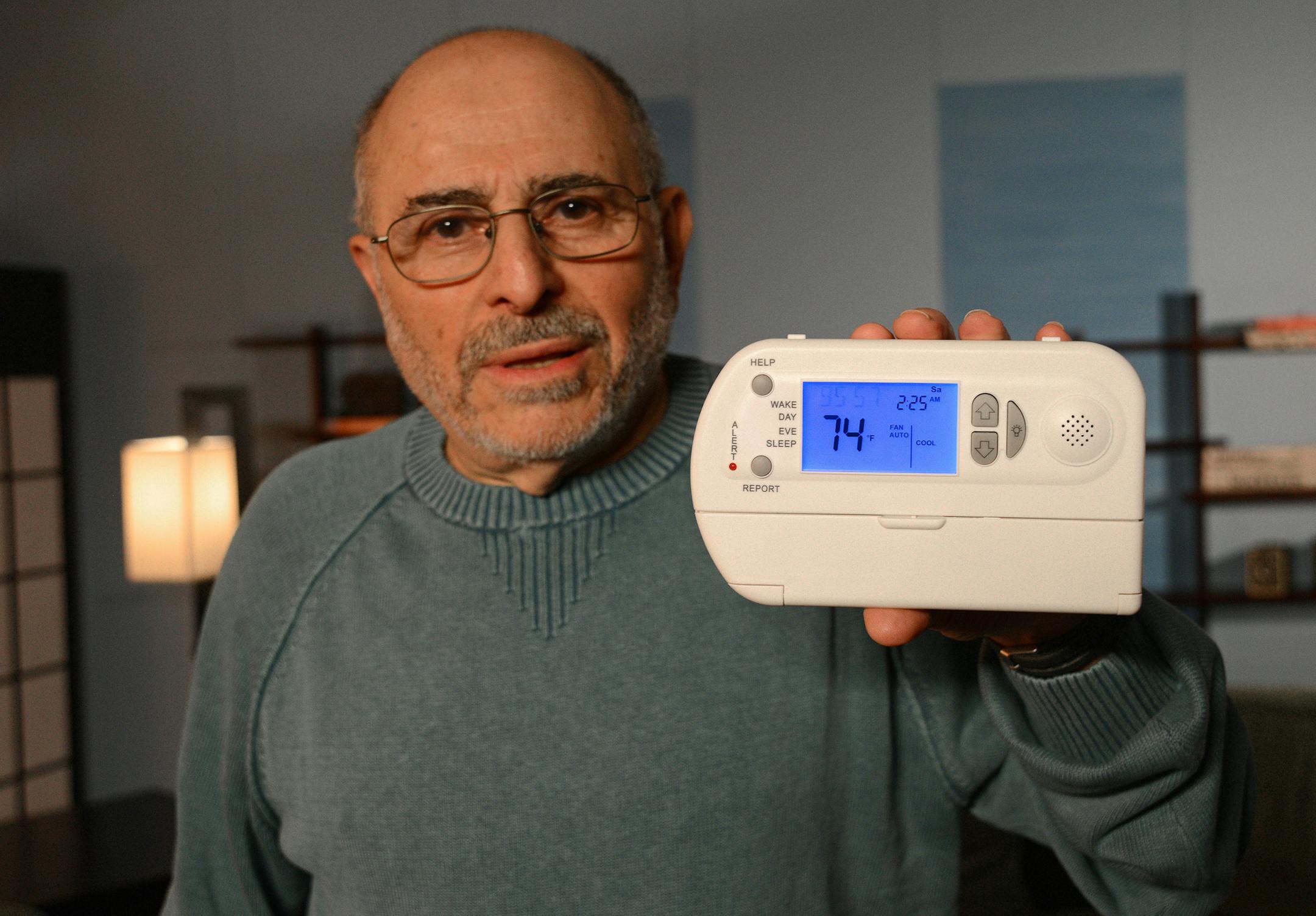 Ten years ago, Harry Cohen started a company that makes heating / cooling thermostats that talk so people with visual impairments do not have to rely on sighted family members or friends to set the thermostat for them.] Richard.Sennott@startribune.com Richard Sennott/Star Tribune. , Minneapolis Minn. Thursday 5/9/13) ** (cq)