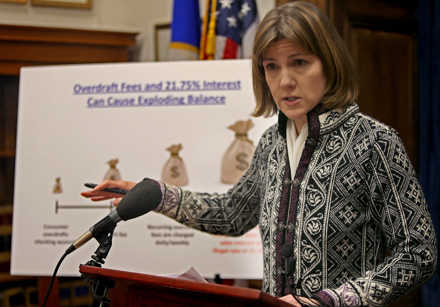 Minnesota Attorney General Lori Swanson talked about suing a Minnesota debt buyer for charging people 21.75 percent interest they did not owe, during a press conference at the State Capitol, Wednesday, January 8, 2014. Swanson filed a lawsuit against Bradstreet and Associates, LLC, a Minnesota debt buyer. (ELIZABETH FLORES/STAR TRIBUNE) ELIZABETH FLORES &#x2022; eflores@startribune.com