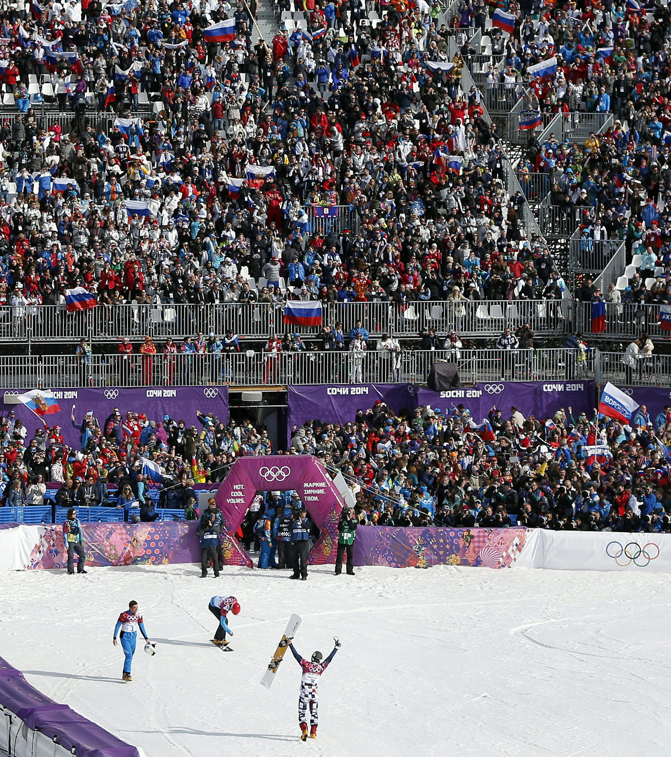 Vic Wild of Russia celebrated in front of the crowd of mostly Russians at Rosa Khutor Extreme Park after winning the gold medal in the men's parallel slalom.