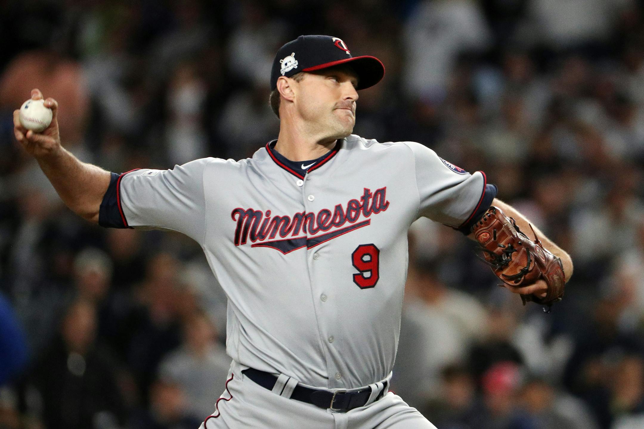 Minnesota Twins relief pitcher Matt Belisle (9) delivered a pitch in the eighth inning. ] ANTHONY SOUFFLE ï anthony.souffle@startribune.com Game action from an American League Wild Card playoff game between the Minnesota Twins and the New York Yankees Tuesday, Oct. 3, 2017 at Yankee Stadium in New York.