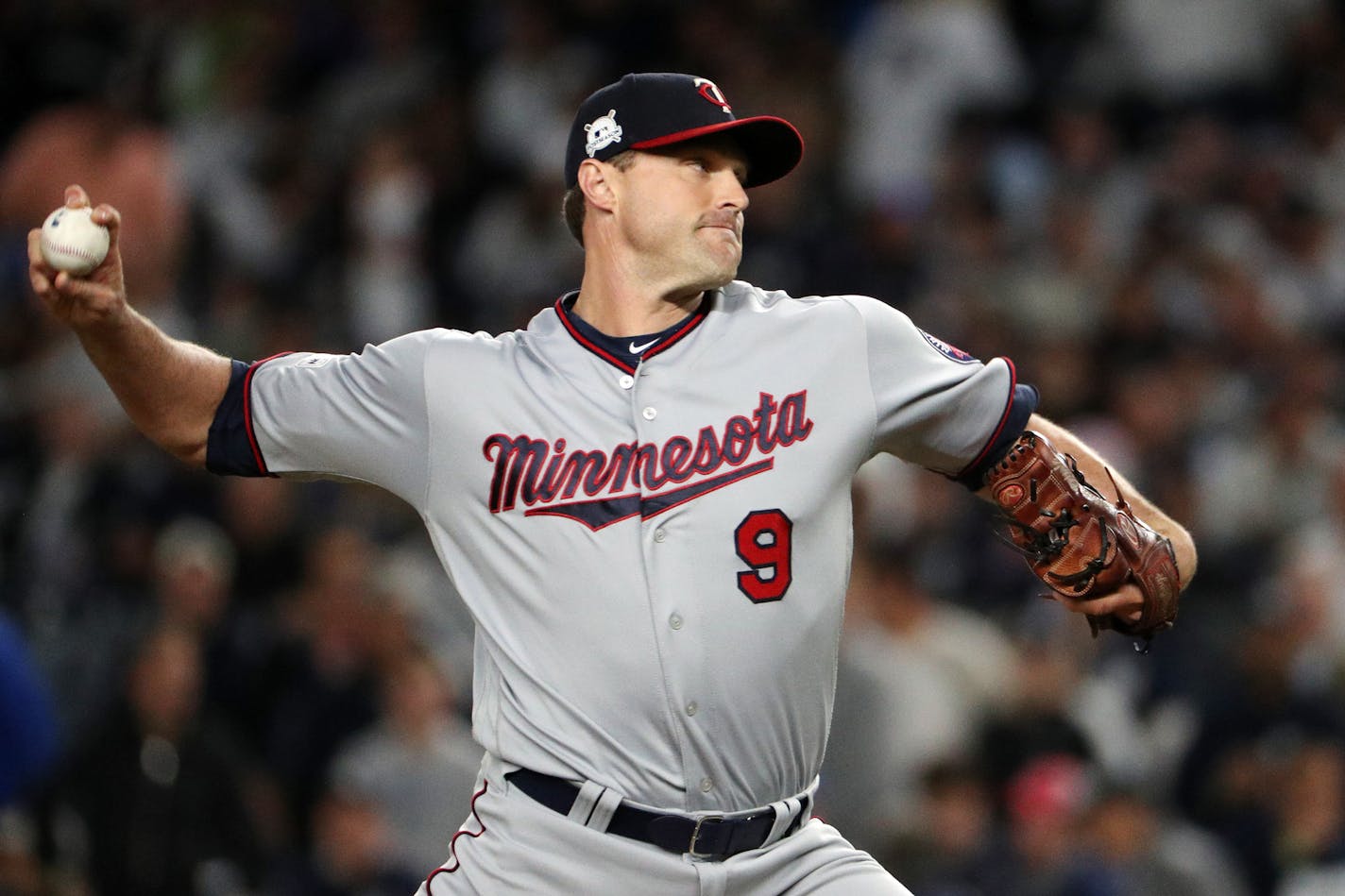 Minnesota Twins relief pitcher Matt Belisle (9) delivered a pitch in the eighth inning. ] ANTHONY SOUFFLE &#xef; anthony.souffle@startribune.com Game action from an American League Wild Card playoff game between the Minnesota Twins and the New York Yankees Tuesday, Oct. 3, 2017 at Yankee Stadium in New York.