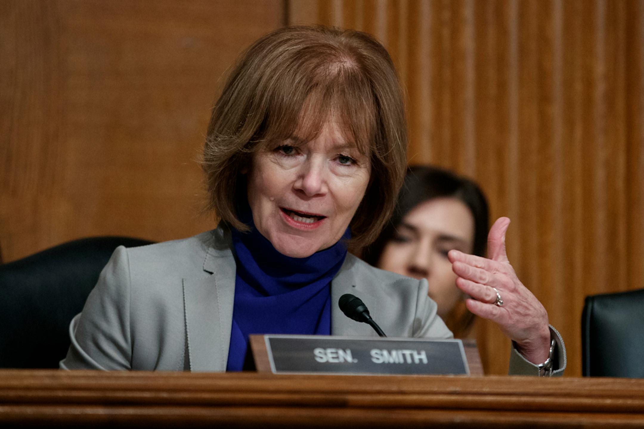 Sen. Tina Smith, D-Minn., during a Senate Committee on Health, Education, Labor, and Pensions hearing on Capitol Hill in Washington, Tuesday, March 5, 2019, to examine vaccines, focusing on preventable disease outbreaks.