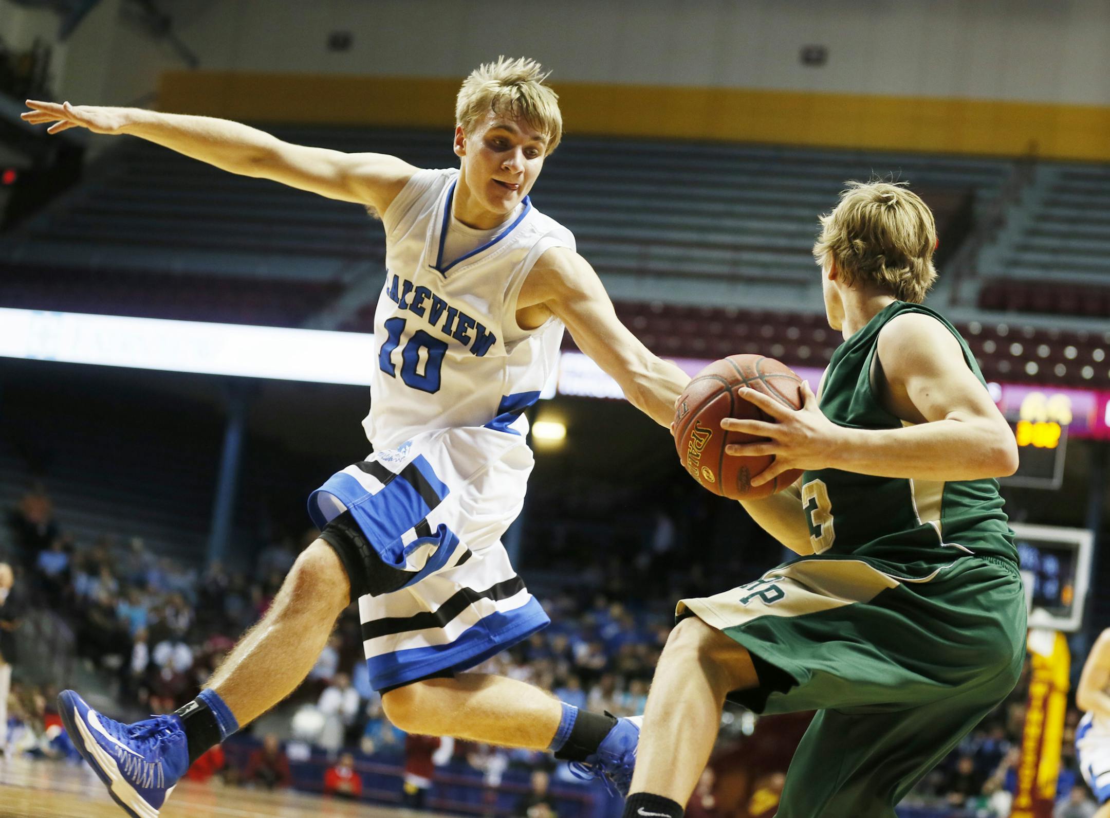 Lakeview Christian&#x2019;s Anders Broman tried to stop Rushford-Peterson&#x2019;s Cole Kingsley drive. Broman is best-known as a scorer.