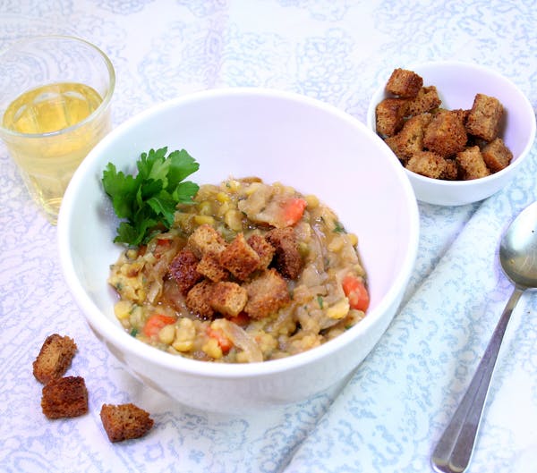 Yellow Split Pea Soup with Croutons from Robin Asbell