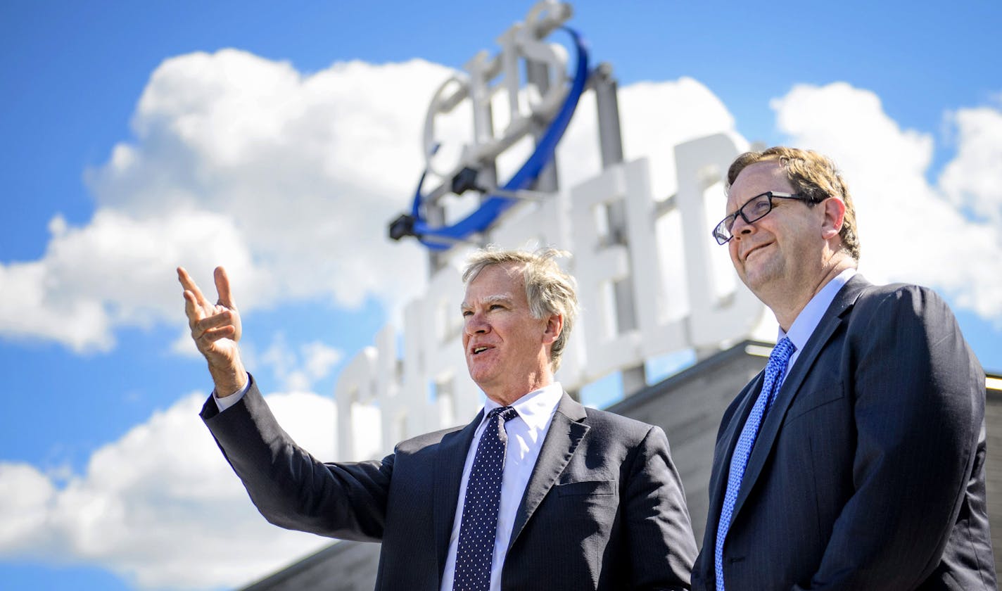 St. Paul Mayor Chris Coleman, left, and MLS president and deputy commissioner Mark Abbott looked out over CHS Field. They were discussing St. Paul's bid to land an MLS team and build a stadium on the corner of Snelling and University avenues. ] GLEN STUBBE * gstubbe@startribune.com Tuesday, August 11, 2015 St. Paul Mayor Chris Coleman and MLS president and deputy commissioner Mark Abbott met with the media Tuesday to discuss St. Paul's bid to land an MLS team and build a stadium on the corner of