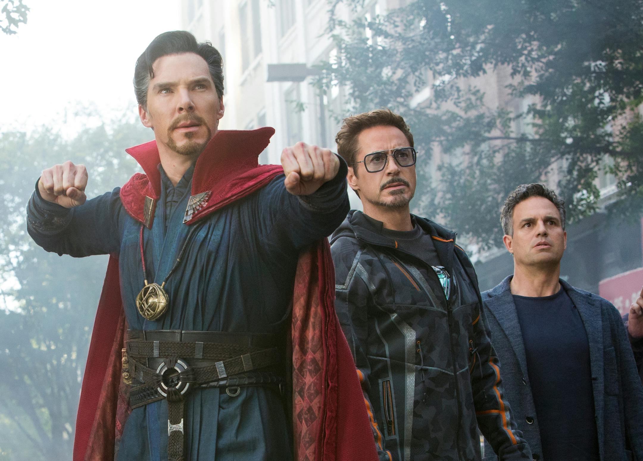This image released by Marvel Studios shows, from left, Benedict Cumberbatch, Robert Downey Jr., Mark Ruffalo and Benedict Wong in a scene from "Avengers: Infinity War." (Marvel Studios via AP)