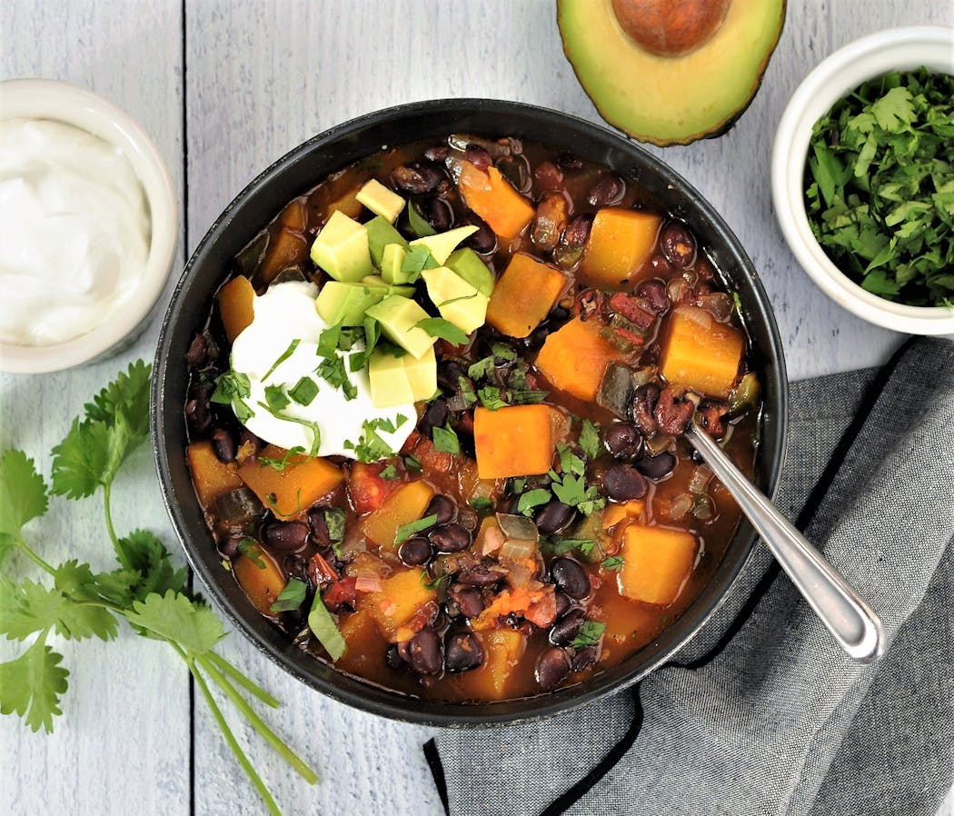 Black Bean, Poblano and Butternut Squash Chili is quick, easy, delicious and freezable.