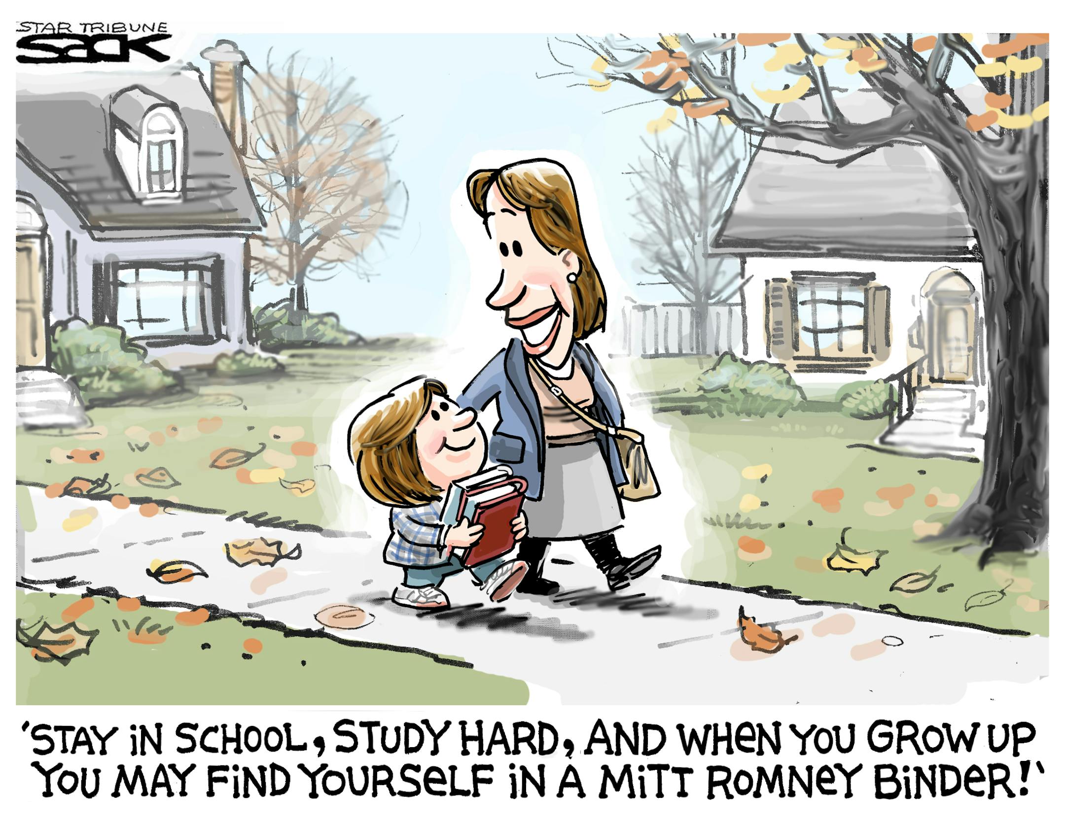 Steve Sack editorial cartoon for Oct. 19, 2012. Topic: Mitt Romney's presidential debate reference to 'binders of women.'