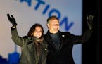 Sen. Kamala Harris, D-Calif., and husband Doug Emhoff took the stage during a drive-in get-out-the-vote rally, Monday, Nov. 2, 2020, in Philadelphia.