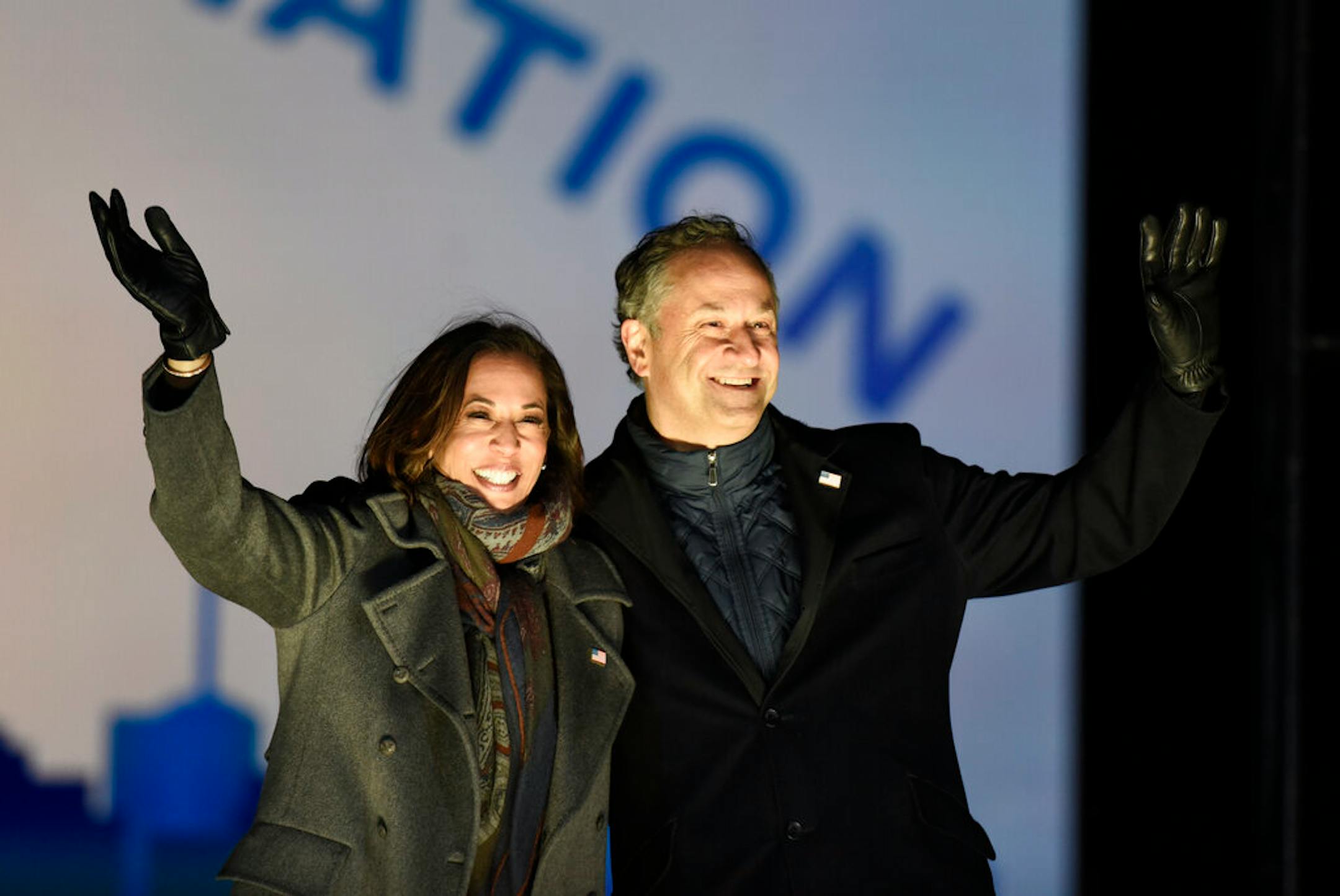 Sen. Kamala Harris, D-Calif., and husband Doug Emhoff took the stage during a drive-in get-out-the-vote rally, Monday, Nov. 2, 2020, in Philadelphia.
