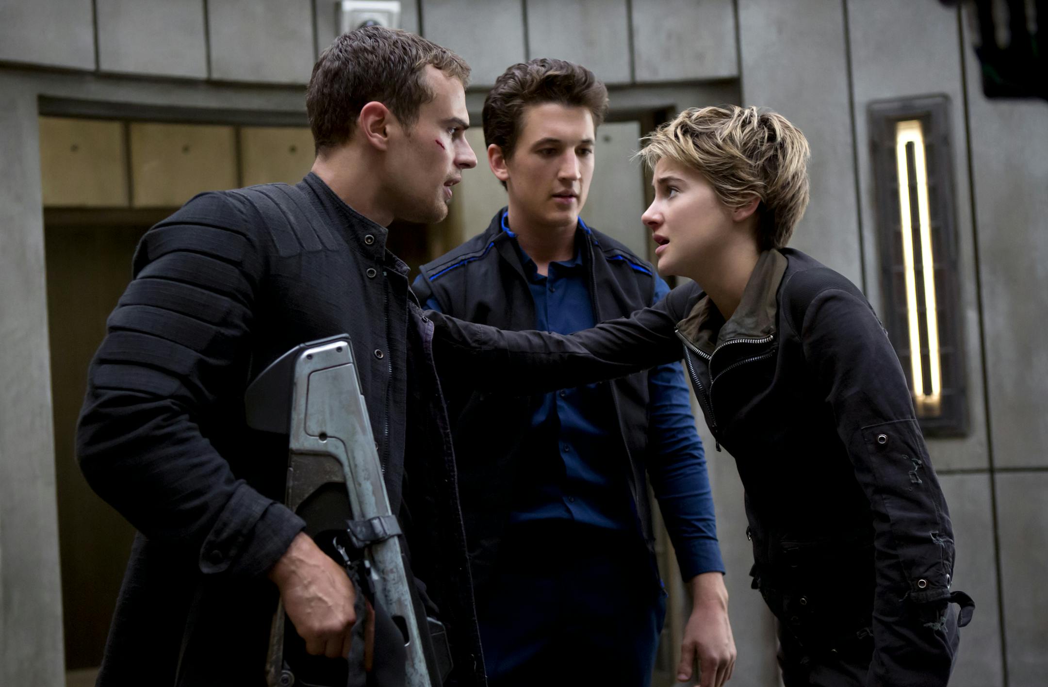Theo James, Miles Teller and Shailene Woodley in "Divergent 2: Insurgent."