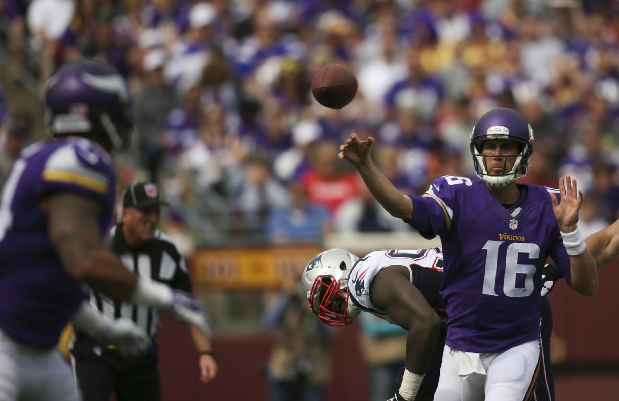Minnesota Vikings quarterback Matt Cassel (16) threw a third quarter pass to Minnesota Vikings running back Matt Asiata (44) for an eight yard gain Sunday at TCF Bank Stadium.
