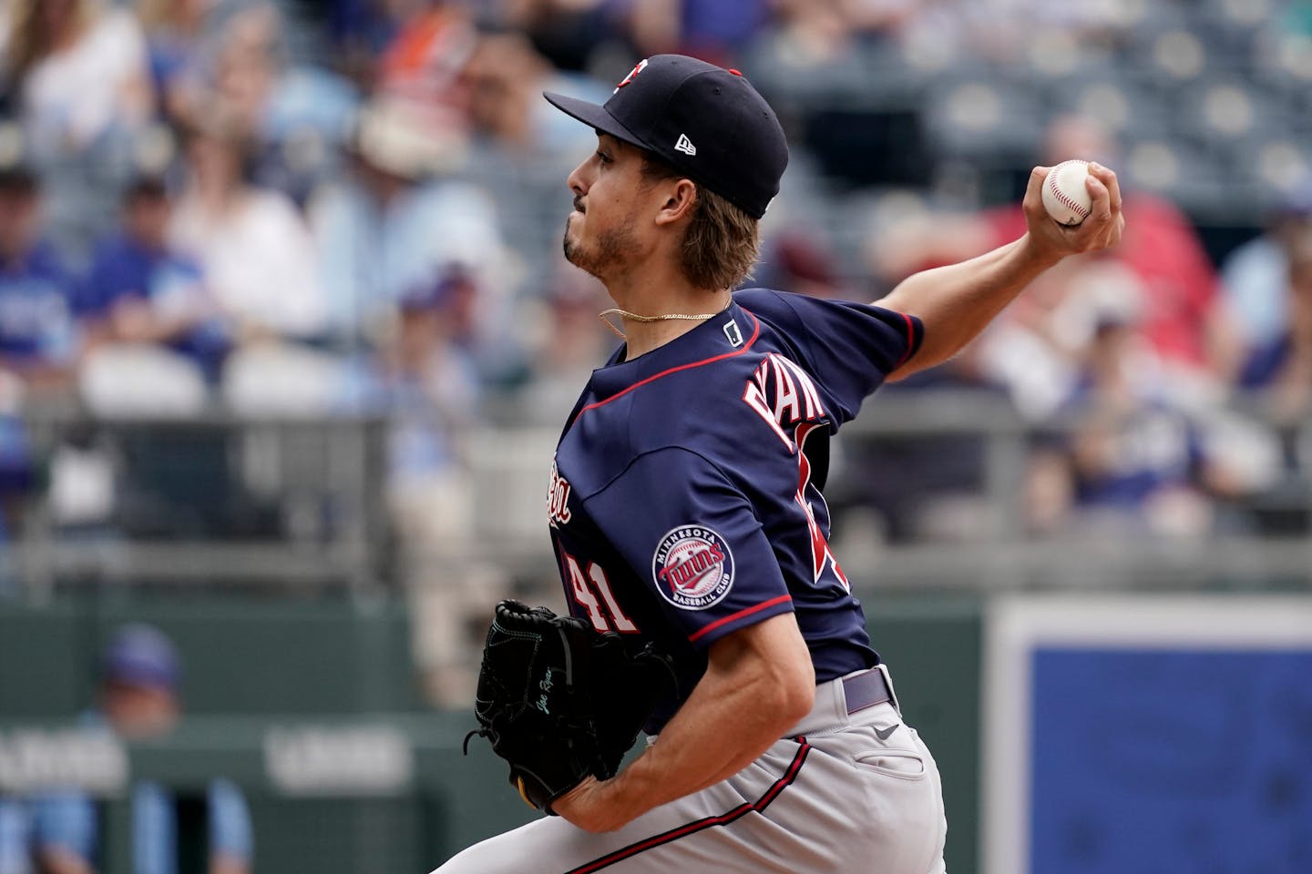 Minnesota Twins starting pitcher Joe Ryan throws during the sixth inning of a baseball game against the Kansas City Royals Thursday, April 21, 2022, in Kansas City, Mo. (AP Photo/Charlie Riedel)