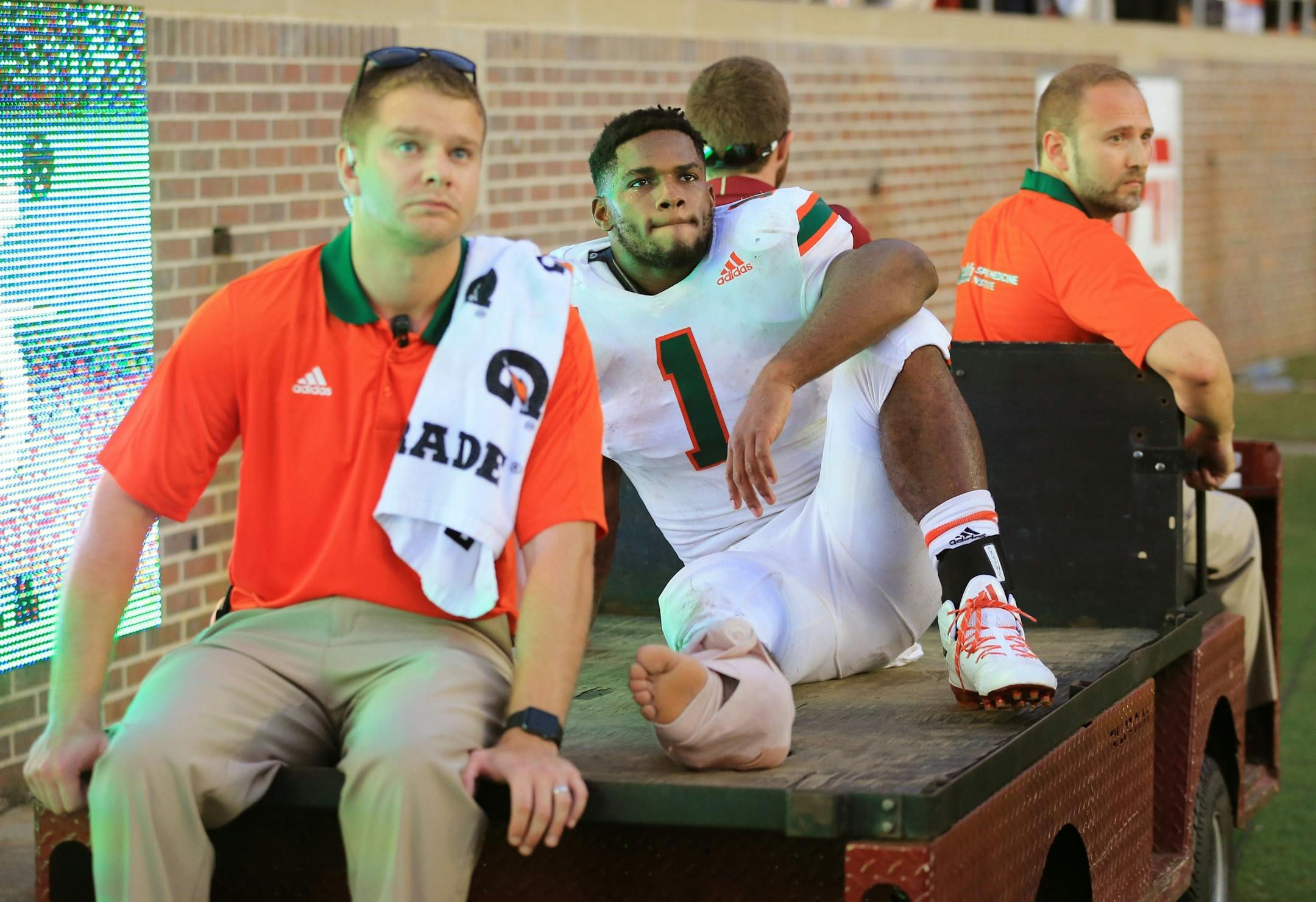 Miami running back Mark Walton was carted off in the fourth quarter because of an ankle injury against Florida State on Saturday. Surgery on the ankle is expected to sideline Walton for the rest of the season.