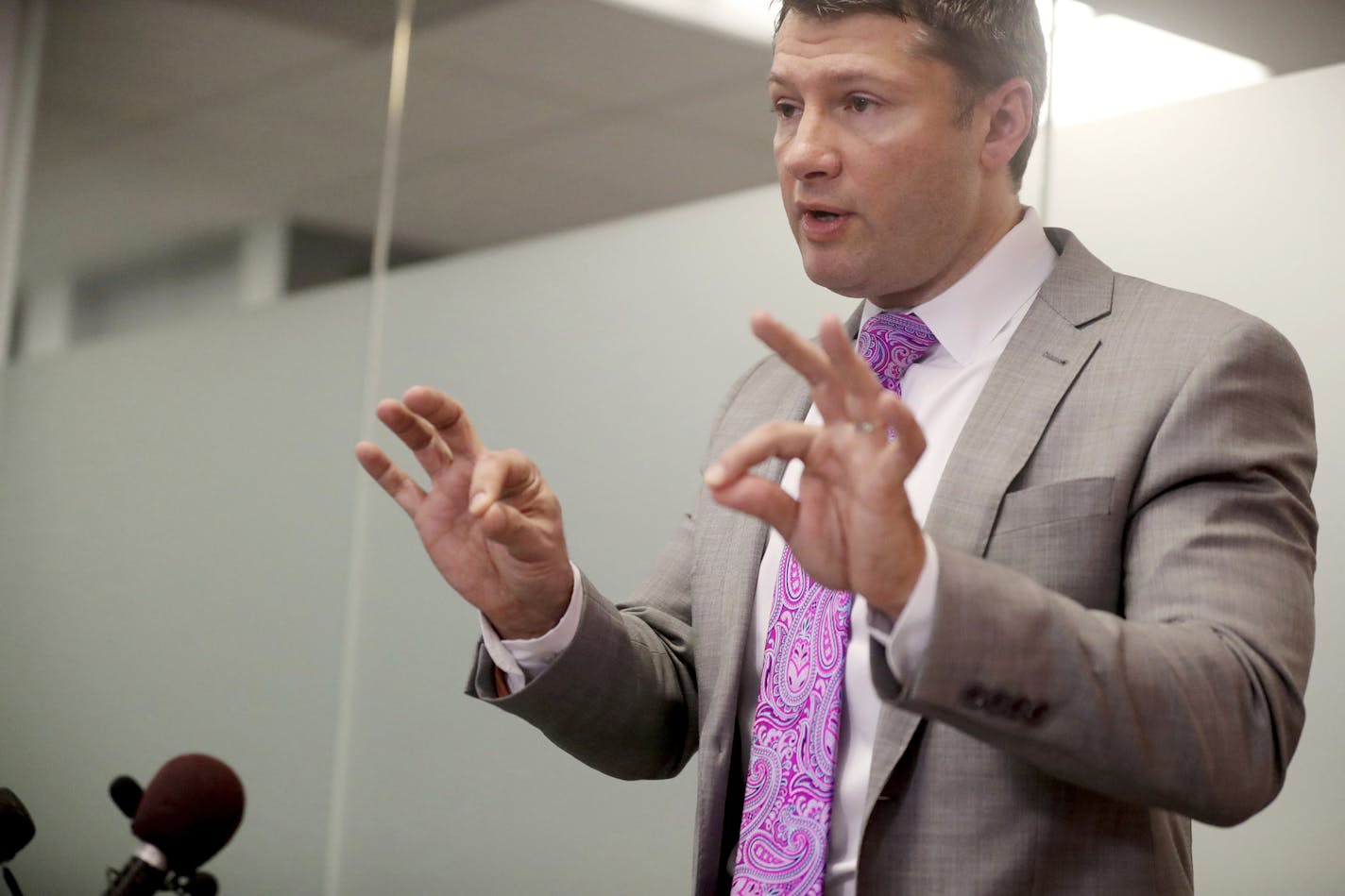 Attorney Ryan Pacyga, who is representing University of Minnesota basketball star Reggie Lynch, speaks during a news conference Wednesday, Jan. 10, 2018, in Minneapolis. Lynch "categorically denies" allegations of sexual misconduct lodged against him by two women, Pacyga said. (David Joles/Star Tribune via AP)