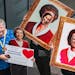 Janet Campbell, Anne Klein and Carole Wogen posed for photos with cutouts of past Betty Crockers at a recent reunion of test-kitchen workers at the Ge