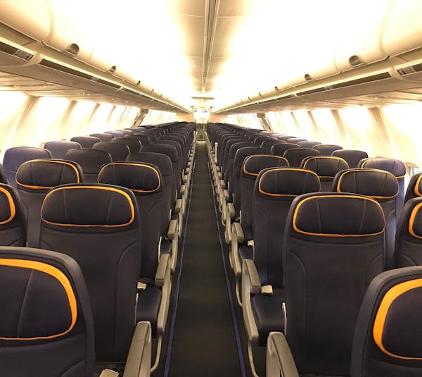 The interior of Sun Country Airlines&#xed; first-ever purchased airplane has no classes but three different sizes of seats.