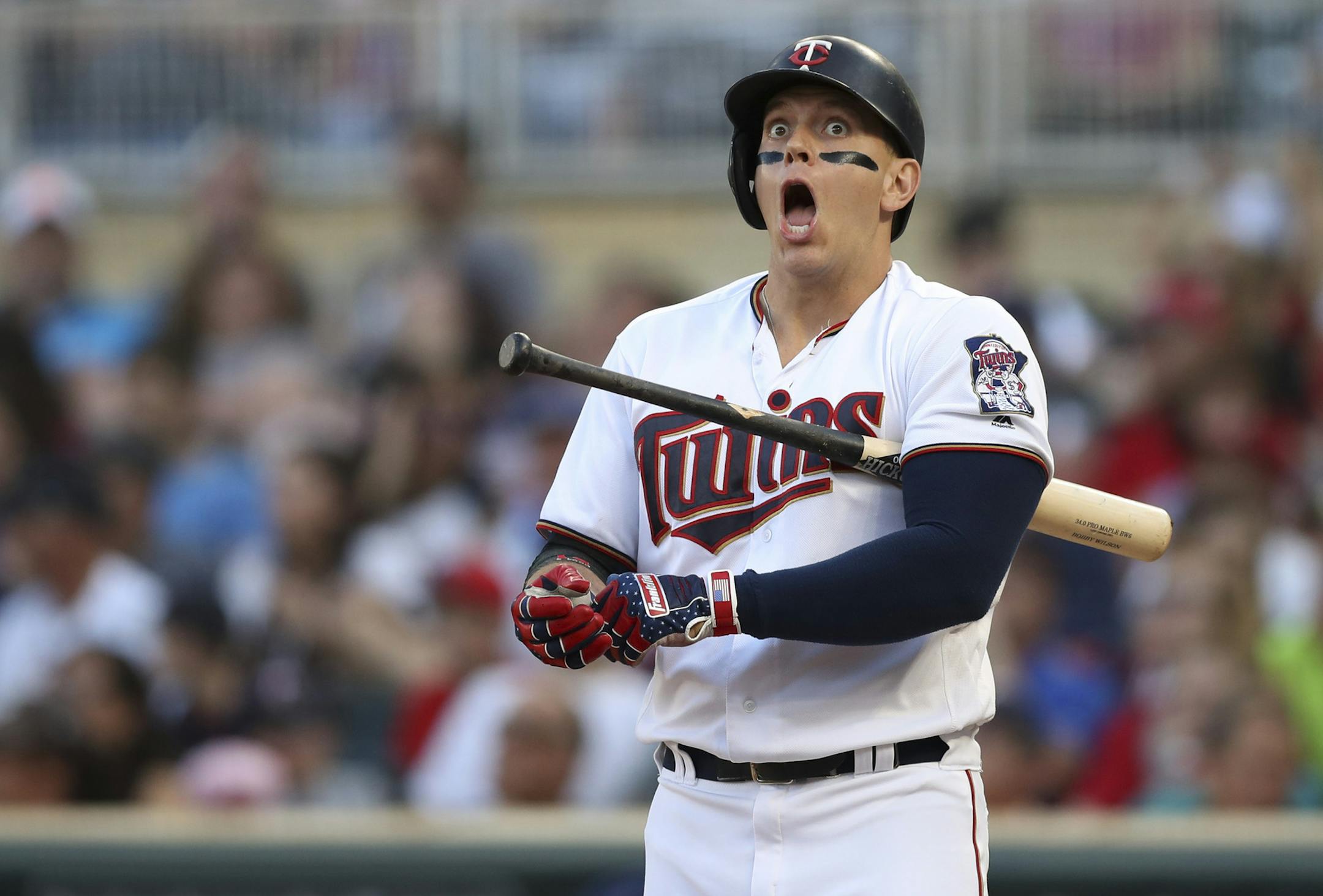 Minnesota Twins designated hitter Logan Morrison adjusted his batting glove in the second inning. ] JEFF WHEELER ï jeff.wheeler@startribune.com The Twins faced the Kansas City Royals in an MLB baseball game Tuesday night, July 10, 2018 at Target Field in Minneapolis.