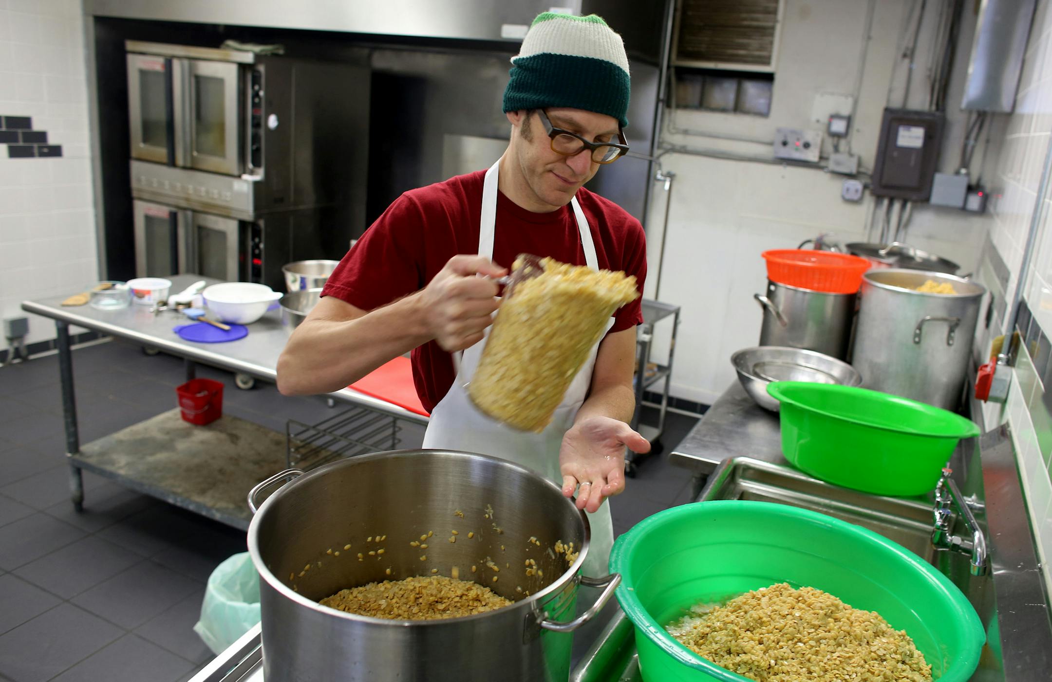 Ryan Billig, of Tempeh Tantrum, prepared to separate the husks from the soybeans as he made tempeh ] (KYNDELL HARKNESS/STAR TRIBUNE) kyndell.harkness@startribune.com At City Food Studio in Minneapolis, Min., Tuesday, December 9, 2014.