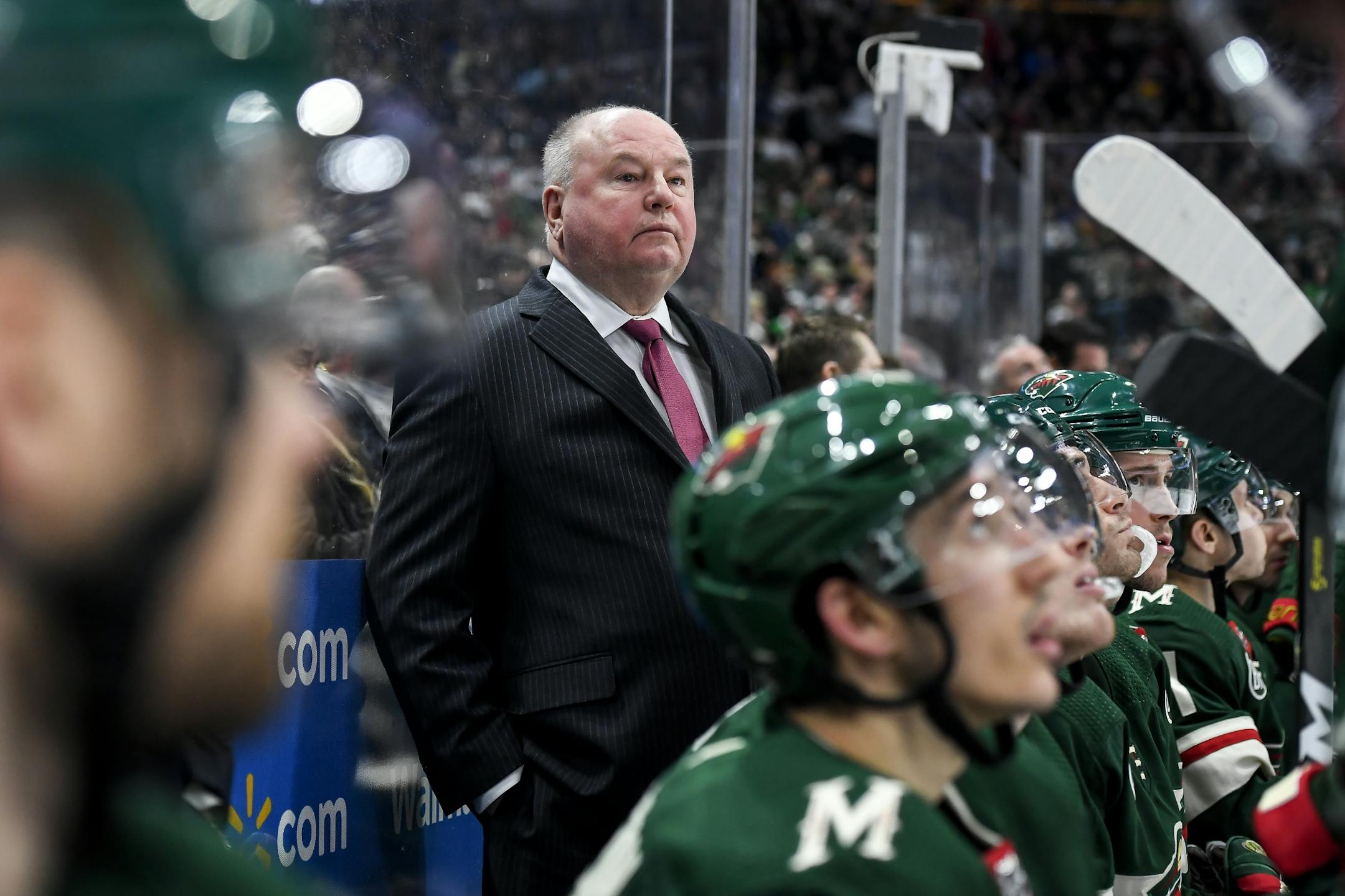Minnesota Wild head coach Bruce Boudreau looked on in the second period against the Los Angeles Kings.