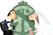 300 dpi 4 col x 8.75 in / 196x222 mm / 667x756 pixels Ana Lense Larrauri color illustration of the cost of a wedding; bride and groom prepare to kiss 