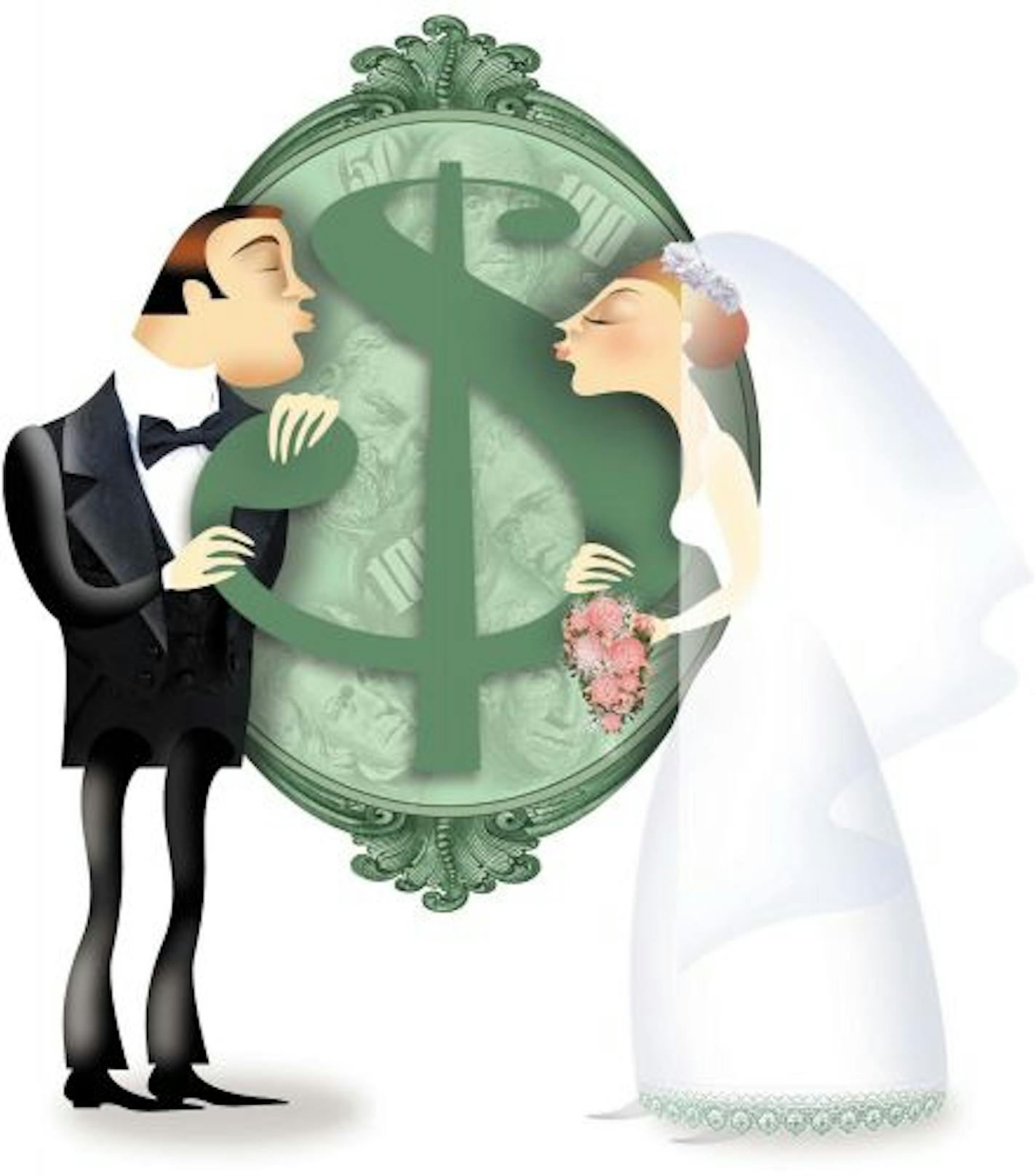 300 dpi 4 col x 8.75 in / 196x222 mm / 667x756 pixels Ana Lense Larrauri color illustration of the cost of a wedding; bride and groom prepare to kiss while holding a dollar sign. Miami Herald 2006 <p> KEYWORDS: newlyweds newlywed wedding cost price krtbusiness business krtnational national krtnamer north america krtpersonalfinance personal finance krtusbusiness u.s. us united states krt beso boda bride bridegroom dinero finance financing finanzas grabado groom illustration ilustracion kiss matri